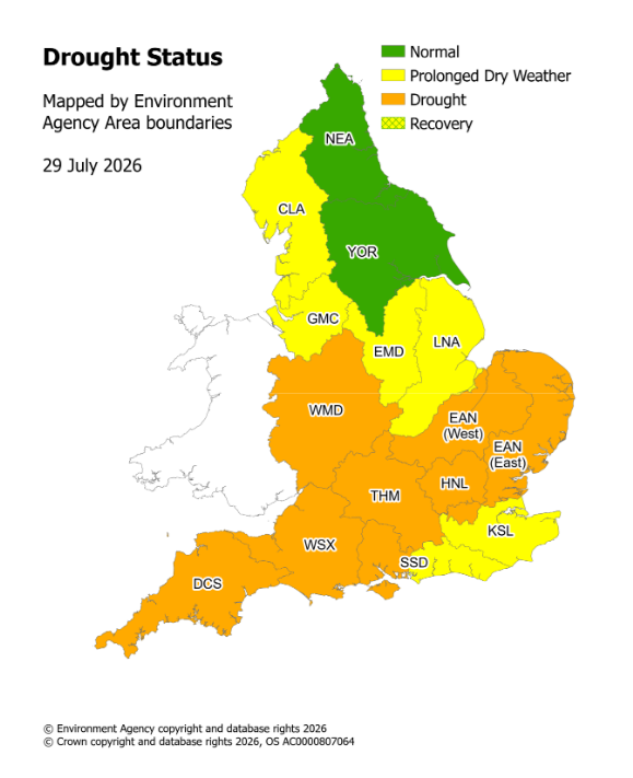 Map showing UK drought status across England and Wales, July 2026